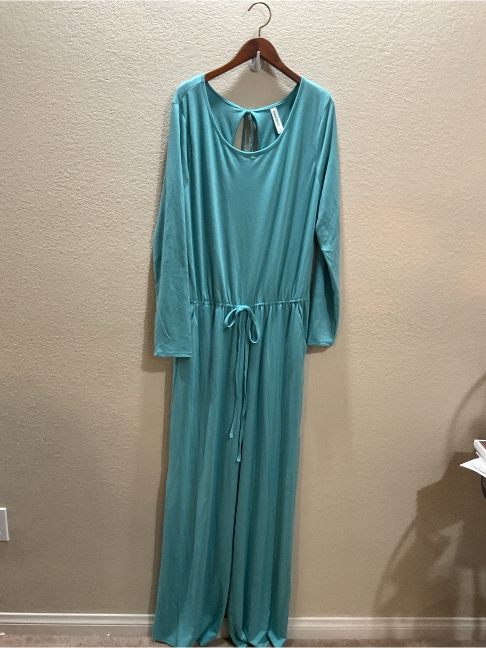 Zenana Premium Long-Sleeve Teal Drawstring Jumpsuit